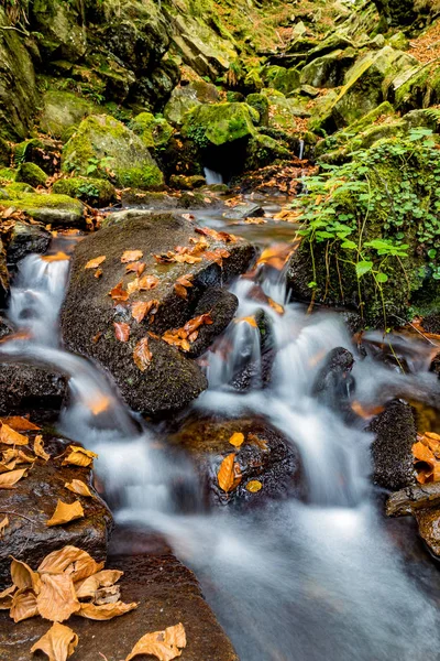 Wasserfall Mit Steinen Und Blättern Herbst — Stockfoto