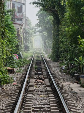 Yeşillik bitki örtüsüyle Hanoi Tren Caddesi - Dar bir geçitten geçen, binalarla çevrili ve yeşil bitkilerle kaplanmış, doğal bir tünel oluşturan eşsiz bir tren yolu manzarası.