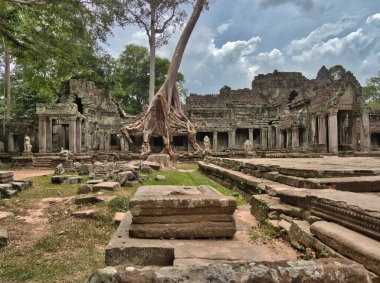 Preah Khan Tapınağı harabeleri - Kamboçya 'daki Antik Preah Khan tapınağı, çarpıcı bir gökyüzünün altında yıpranmış taş kalıntılarıyla sarmalanmış ağaç kökleri.