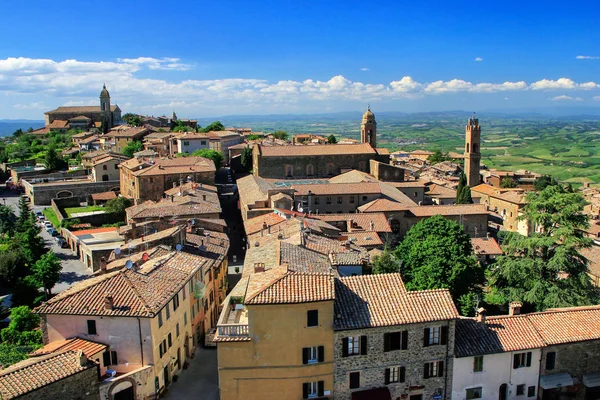 View of Montalcino town from the Fortress in Val d\'Orcia, Tuscany, Italy. The town takes its name from a variety of oak tree that once covered the terrain.