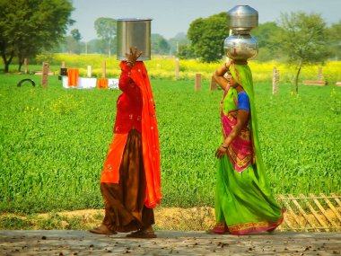 Agra, Hindistan-Şubat 1: Kimliği belirsiz kadın taşımak metal kovalar başlarını 1 Şubat 2011 Agra, Hindistan yakınındaki kırsal kesimde. İçme suyu ve sanitasyon Hindistan'da yetersiz olmaya devam.