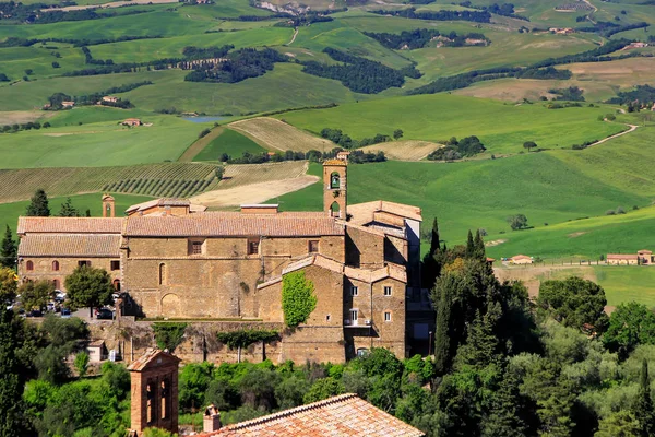 Antigua Iglesia Campos Agrícolas Ciudad Montalcino Val Orcia Toscana Italia — Foto de Stock