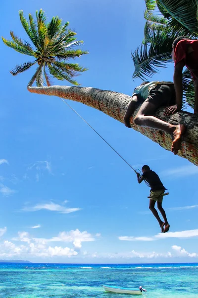 Yerel Çocuklar Bir Ipte Sallanan Lavena Köyünde Taveuni Island Fiji — Stok fotoğraf