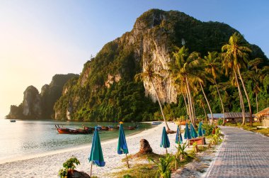 Sabah erken Ao Ton Sai Beach'te Phi Phi Don Island, Krabi il, Tayland. Deniz milli park, Koh Phi Phi Don bir parçasıdır.