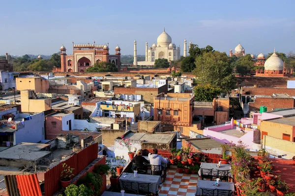 Pemandangan Taj Mahal Dari Atas Atap Restoran Taj Ganj Lingkungan — Stok Foto