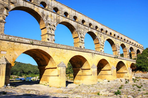 Aqueduct Pont du Gard in southern France. It is the highest of all elevated Roman aqueducts.