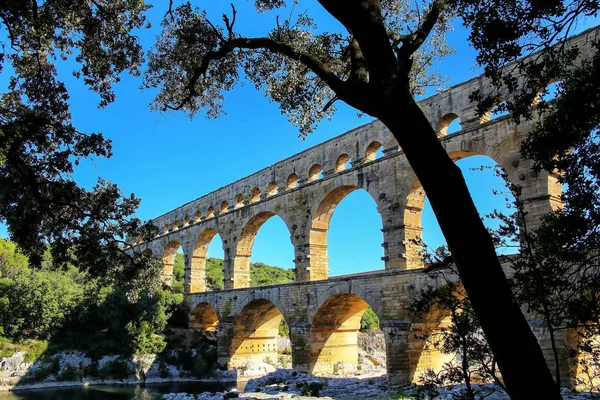 Aqueduct Pont du Gard in southern France. It is the highest of all elevated Roman aqueducts.