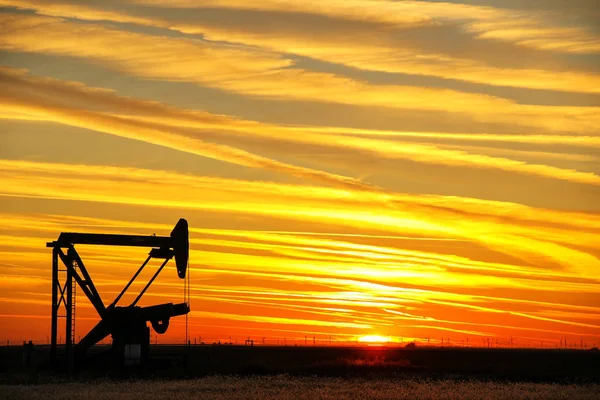 Pumpjack en el campo de petróleo al atardecer —  Fotos de Stock
