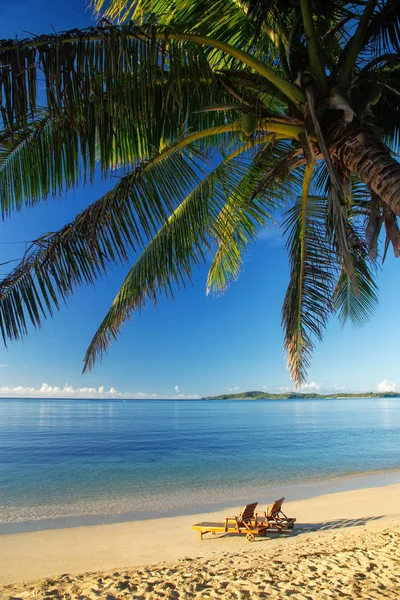 Två sol stolar på en tropisk strand — Stockfoto