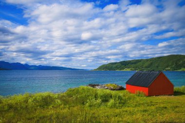 Hinnoya Adası 'ndaki Gullesfjord boyunca kırmızı balıkçı kulübesi, Vesteralen takımadası, Kuzey Norveç. Hinnoya Norveç 'teki en büyük dördüncü adadır..