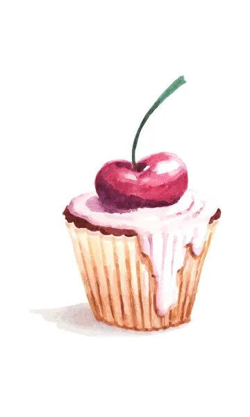 Cupcake Com Cereja Creme Fundo Branco Ilustração Vetorial Aquarela — Vetor de Stock