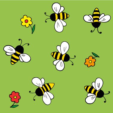 Arılar ve çiçekler. Dikişsiz vektör deseni. El çizimi dokusu
