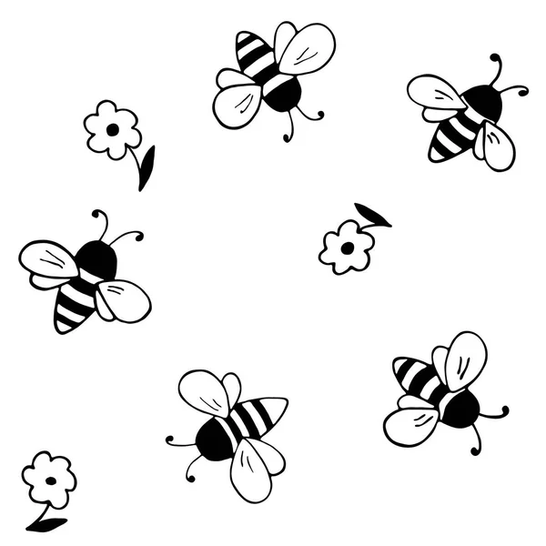 ハチと花 シームレスなベクトルパターン 手描きテクスチャ ベクターグラフィックス