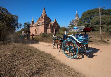 Bagan, Myanmar - 31 Aralık 2016 Bagan harabeleri arasında at arabası. Myanmar 'ın Mandalay bölgesinde yer alan antik bir şehirdir. .