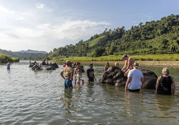 Ngapali Myanmar Junio 2017 Mahout Bañando Elefante Maderero Rescatado Río —  Fotos de Stock