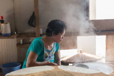 Mutfakta yemek yapan Asyalı kadın.