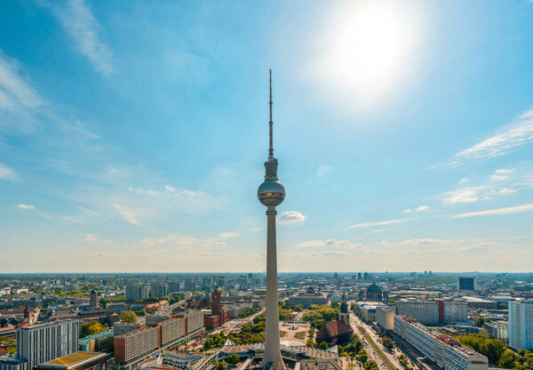 Aerial view of berlin city skyline with modern buildings and blue sky
