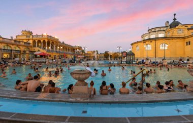 Budapeşte, Macaristan. 16 Nisan 2016: Macaristan 'ın Budapeşte kentinde güneşli bir günde Szechenyi Hamamları.