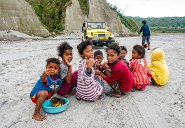 Sahilde oynayan bir grup çocuk.