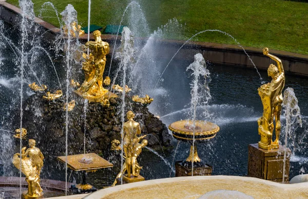 2018年8月12日 ユネスコの世界遺産に登録されているピーターズバーグ宮殿の敷地内に噴水と庭園があります — ストック写真