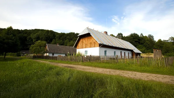 Krajobraz Wiejski Drewnianymi Domami Zieloną Trawą — Zdjęcie stockowe