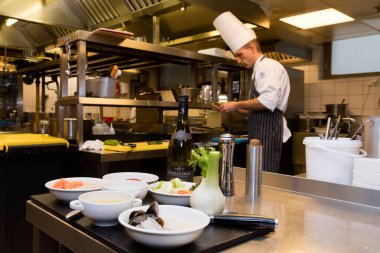 BUDAPEST, HUNGARY - 10 Şubat 2016: Aron Barka, Araz Restoranı şefi (Continental Hotel Budapeşte) mutfağında. Profesyonel kariyerine Hotel Kempinski 'de başladı..