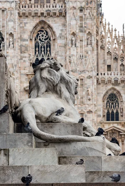 Escultura Leão Frente Fachada Catedral Milão Itália — Fotografia de Stock