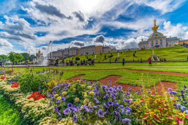 PETERSBURG, RUSSIA - 12 AĞUSTOS 2018: Peterhof Sarayı, UNESCO dünya mirası sahası, çeşmeler ve bahçeler.
