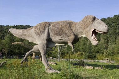 KRASIEJOW, POLAND - 10 Haziran 2017 Krasiejow, Polonya 'daki JuraPark. Dinozorların yeniden yapılandırılması parkın eğitim yolundaki orijinal ve doğal boyutlarına yakındır..