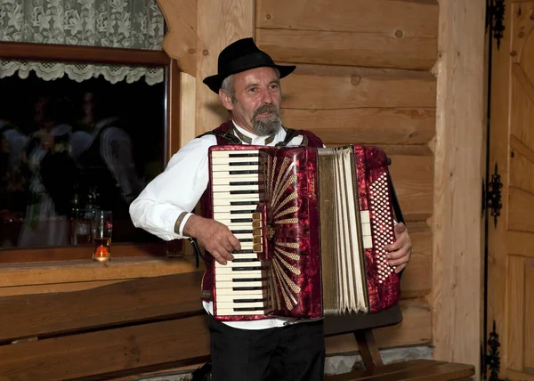 Beskides Lengyelország Július Hagyományosan Öltözött Folklór Zenész Egy Agroturisztikai Központban — Stock Fotó