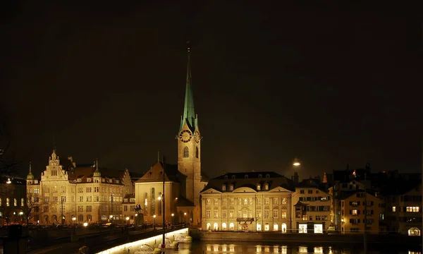 Vista Notturna Del Centro Storico Zurich — Foto Stock