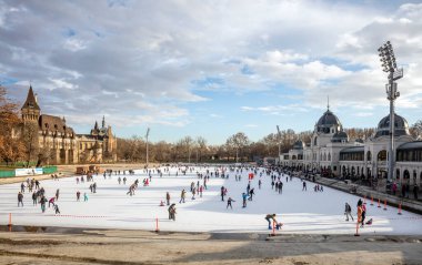 BUDAPEST, HUNGARY - 11 Aralık 2016: Macaristan 'ın Budapeşte kentindeki Ana Şehir Parkı' ndaki Vajdahunyad şatosunun önünde insanlar paten kayıyor.