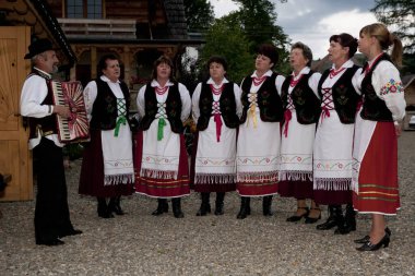 BESKIDES, POLAND - 10 Temmuz 2009 'da geleneksel giyinmiş folklor grubu Polonya' nın Beskides milli parkında bir tarım merkezinde ilk kez sahneye çıktı..