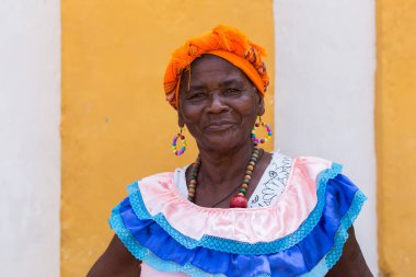 Geleneksel kostümlü güzel bir Afrikalı Amerikalı kadının portresi.