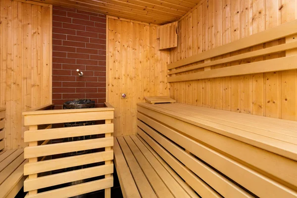 Sauna Intérieur Avec Sol Bois Cheminée — Photo