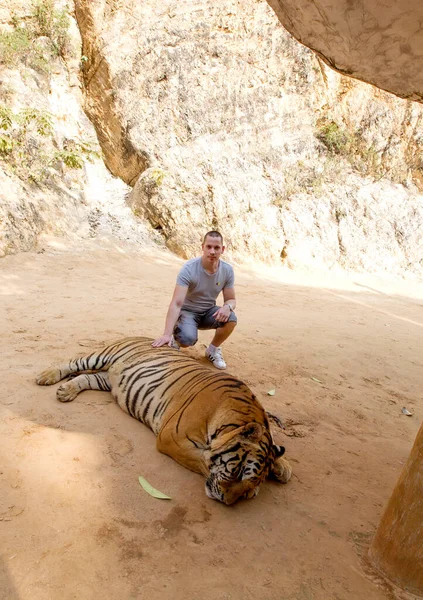 Junger Mann Sitzt Neben Schlafendem Tiger Zoo — Stockfoto