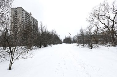 PRIPYAT, UKRAINE - 15 Mart 2013 'te Ukrayna' nın Pripyat kentinde terk edilmiş bir şehir olan Pripyat 'ın genel manzarası. 27 yıl önce 4 numaralı reaktör patladıktan sonra burada bir nükleer felaket meydana geldi.