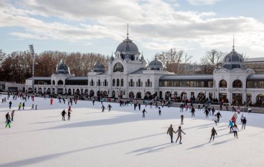 BUDAPEST, HUNGARY - 11 Aralık 2016: Macaristan 'ın Budapeşte kentindeki Ana Şehir Parkı' ndaki Vajdahunyad şatosunun önünde insanlar paten kayıyor.