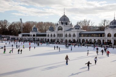 BUDAPEST, HUNGARY - 11 Aralık 2016: Macaristan 'ın Budapeşte kentindeki Ana Şehir Parkı' ndaki Vajdahunyad şatosunun önünde insanlar paten kayıyor.