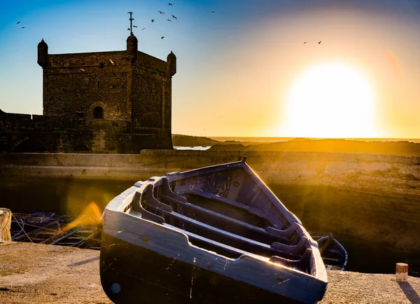 Kleines Boot Sonnenuntergang Essaouria Marokko — Stockfoto