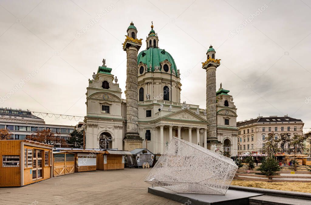 The Karls church in downtown of Vienna at winter sunset, Austria