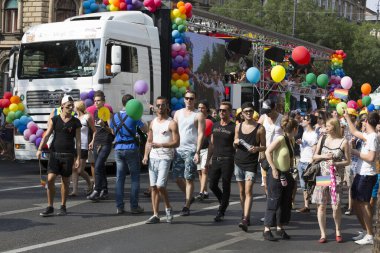 BUDAPEST, HUNGARY - 6 Temmuz 2013 'te Budapeşte, Macaristan' da LGBT (lezbiyen, gey, biseksüel ve transseksüel) haklarını desteklemek için düzenlenen Eşcinsel Onur Yürüyüşüne kimliği belirsiz kişiler katıldı..