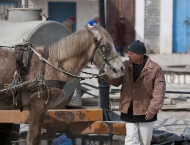 Ahırda atı olan genç bir adamın portresi.
