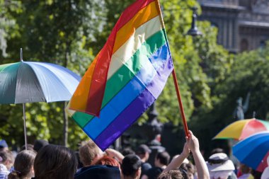 BUDAPEST, HUNGARY - 8 Temmuz 2017: Kimliği belirsiz insanlar LGBT haklarını desteklemek için 22. Budapeşte Gay Onur Yürüyüşüne katıldılar.