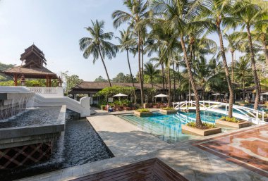 Palmiye ağaçları ve sandalyeli yüzme havuzu