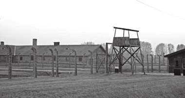 OSWIECIM, POLAND - 22 Ekim 2012 'de Polonya' nın Oswiecim kentinde eski bir Nazi imha kampı olan Auschwitz Kampı 'nda dikenli teller. Avrupa 'daki en büyük Nazi toplama kampıydı.
