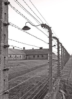 OSWIECIM, POLAND - 22 Ekim 2012 'de Polonya' nın Oswiecim kentinde eski bir Nazi imha kampı olan Auschwitz Kampı 'nda dikenli teller. Avrupa 'daki en büyük Nazi toplama kampıydı.