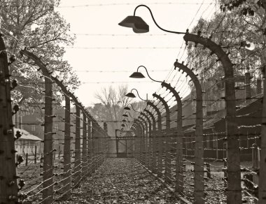OSWIECIM, POLAND - 22 Ekim 2012 'de Polonya' nın Oswiecim kentinde eski bir Nazi imha kampı olan Auschwitz Kampı II. Avrupa 'daki en büyük Nazi toplama kampıydı..