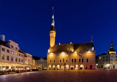 TALLINN, ESTONIA - 4 Mayıs 2016: Estonya 'daki Tallinn Tarih Merkezi' nde Belediye Binası meydanının mimarisi. UNESCO Dünya Mirası sahasının bir parçası. 