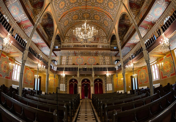 Bucharest, Romania, May 2, 2016: Interior of the Choral Temple synagogue. It is a copy of Vienna's Leopoldstadt-Tempelgasse Great Synagogue, which was raised in 1855-1858.